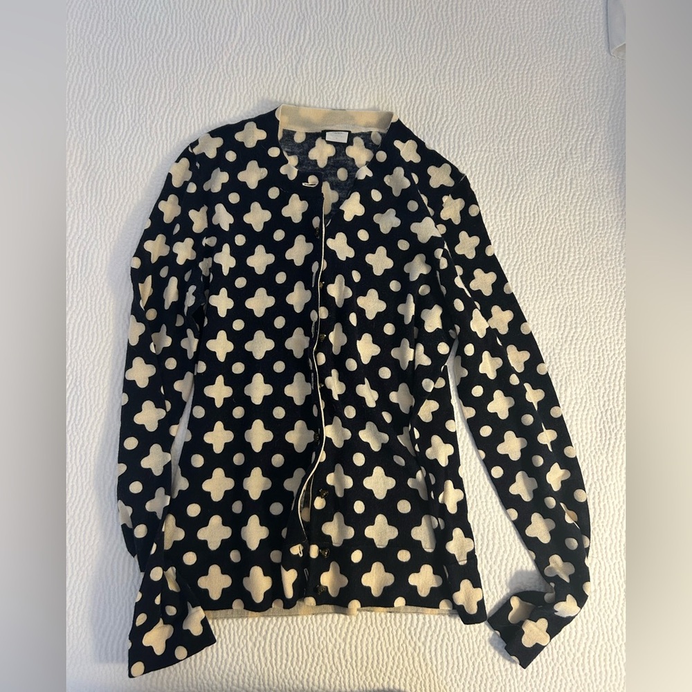 J. Crew Navy Blue/Cream Merino Wool Vintage Quatrefoil Cardigan w Jewel Buttons